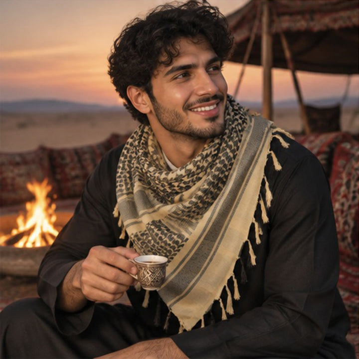 HilalHaven Neutral Weave Keffiyeh Geometric Check Cotton Tassel Scarf - image 1