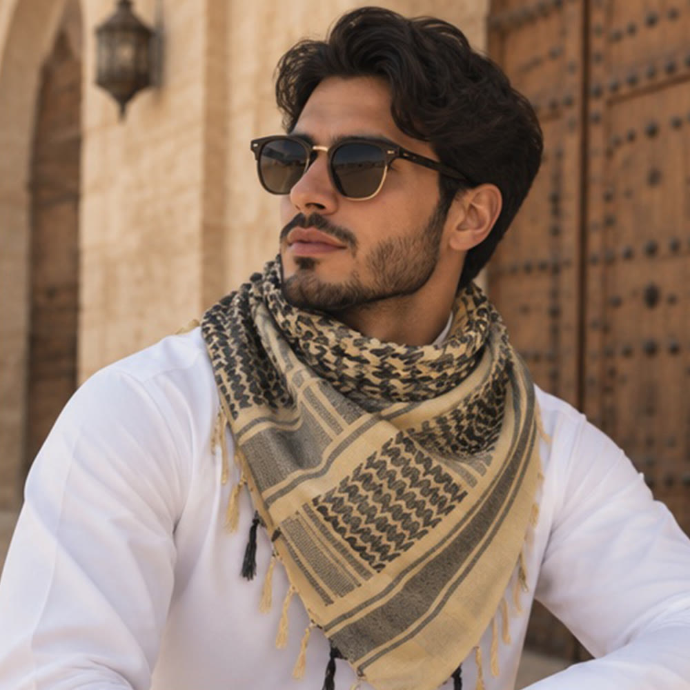 HilalHaven Neutral Weave Keffiyeh Geometric Check Cotton Tassel Scarf - image 0