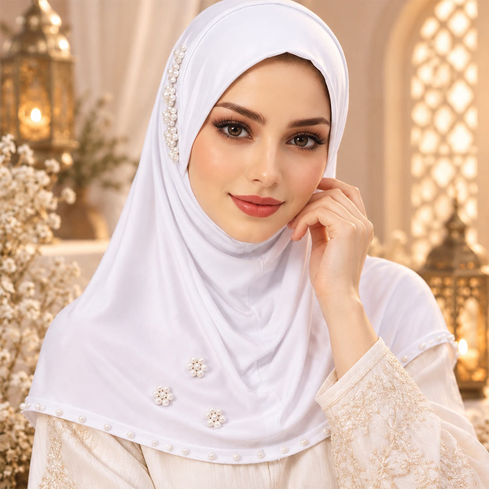 HilalHaven Pearl Bloom Milk Silk Beaded Instant Hijab - image 1