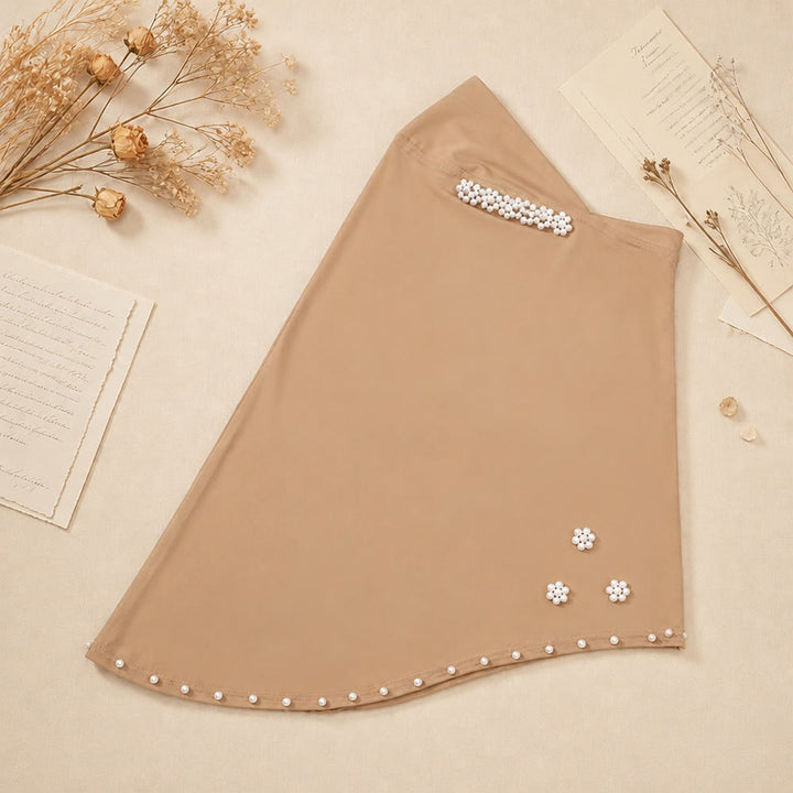HilalHaven Pearl Bloom Milk Silk Beaded Instant Hijab - Light Khaki - image 16