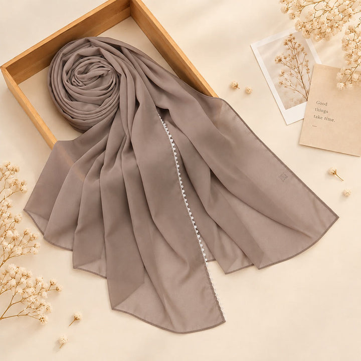 HilalHaven Luminous Strand Plain Chiffon Rhinestone Edge Hijab - Taupe - image 4