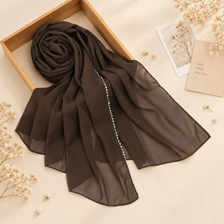 HilalHaven Luminous Strand Plain Chiffon Rhinestone Edge Hijab - Coffee - image 7