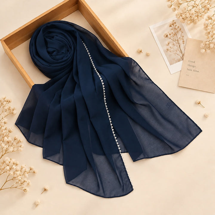 HilalHaven Luminous Strand Plain Chiffon Rhinestone Edge Hijab - Navy - image 6