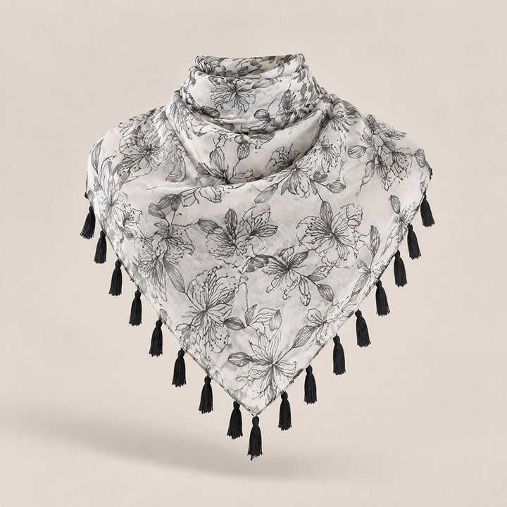 HilalHaven Botanical Whisper Printed Tassel Hijab Scarf - Grey Floral Print - image 7