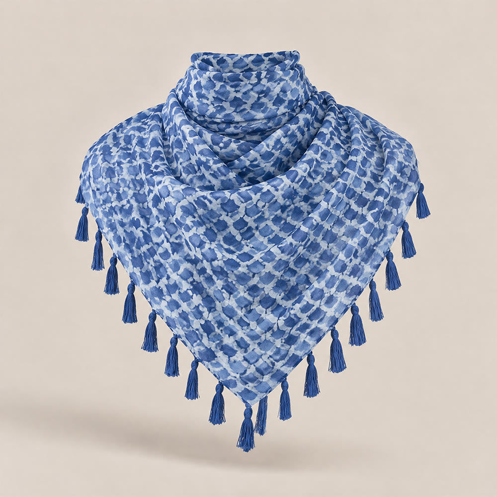 HilalHaven Botanical Whisper Printed Tassel Hijab Scarf - Blue Lattice Print - image 12
