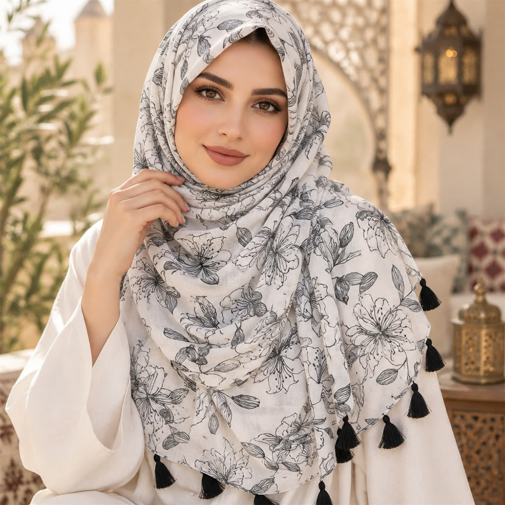 HilalHaven Botanical Whisper Printed Tassel Hijab Scarf - image 8