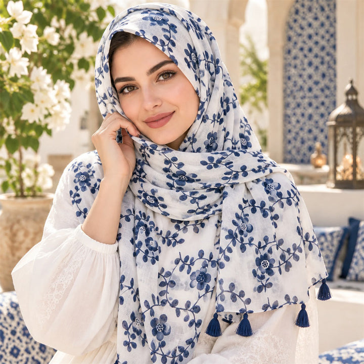 HilalHaven Botanical Whisper Printed Tassel Hijab Scarf - image 1