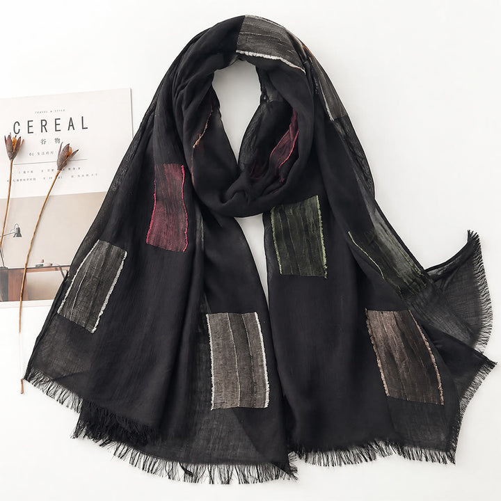 HilalHaven Patchwork Hues Stitched Patch Cotton Fringe Hijab - Black - image 3