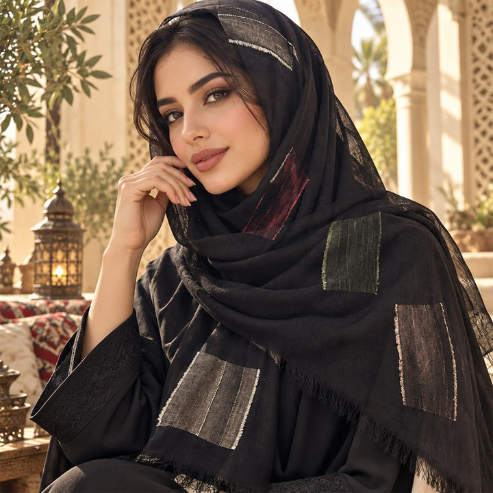 HilalHaven Patchwork Hues Stitched Patch Cotton Fringe Hijab - image 1
