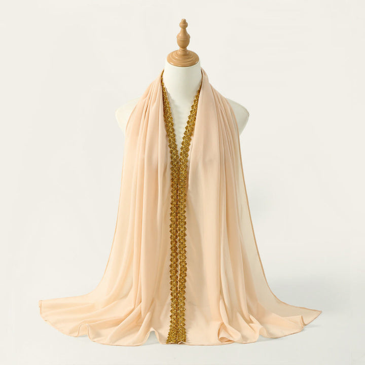 HilalHaven Golden Trim Solid Chiffon Embellished Hijab - Beige - image 11