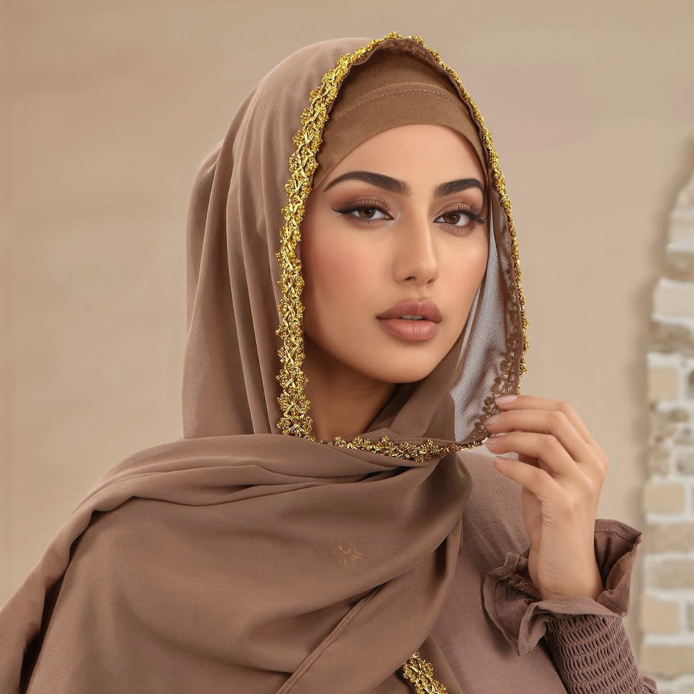 HilalHaven Golden Trim Solid Chiffon Embellished Hijab - image 1