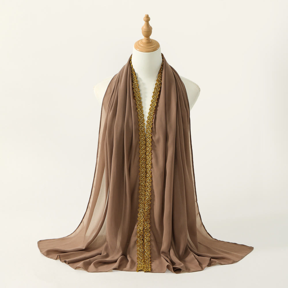 HilalHaven Golden Trim Solid Chiffon Embellished Hijab - Khaki - image 3