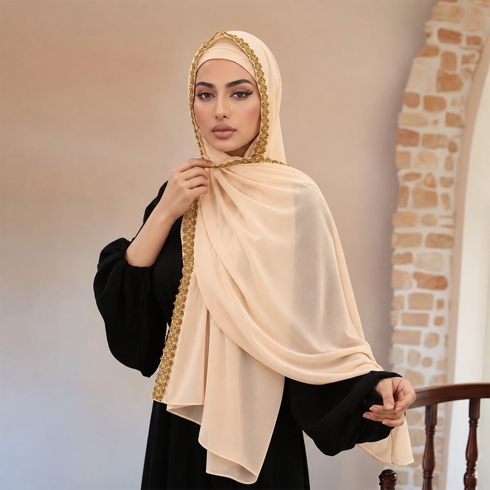 HilalHaven Golden Trim Solid Chiffon Embellished Hijab - image 10