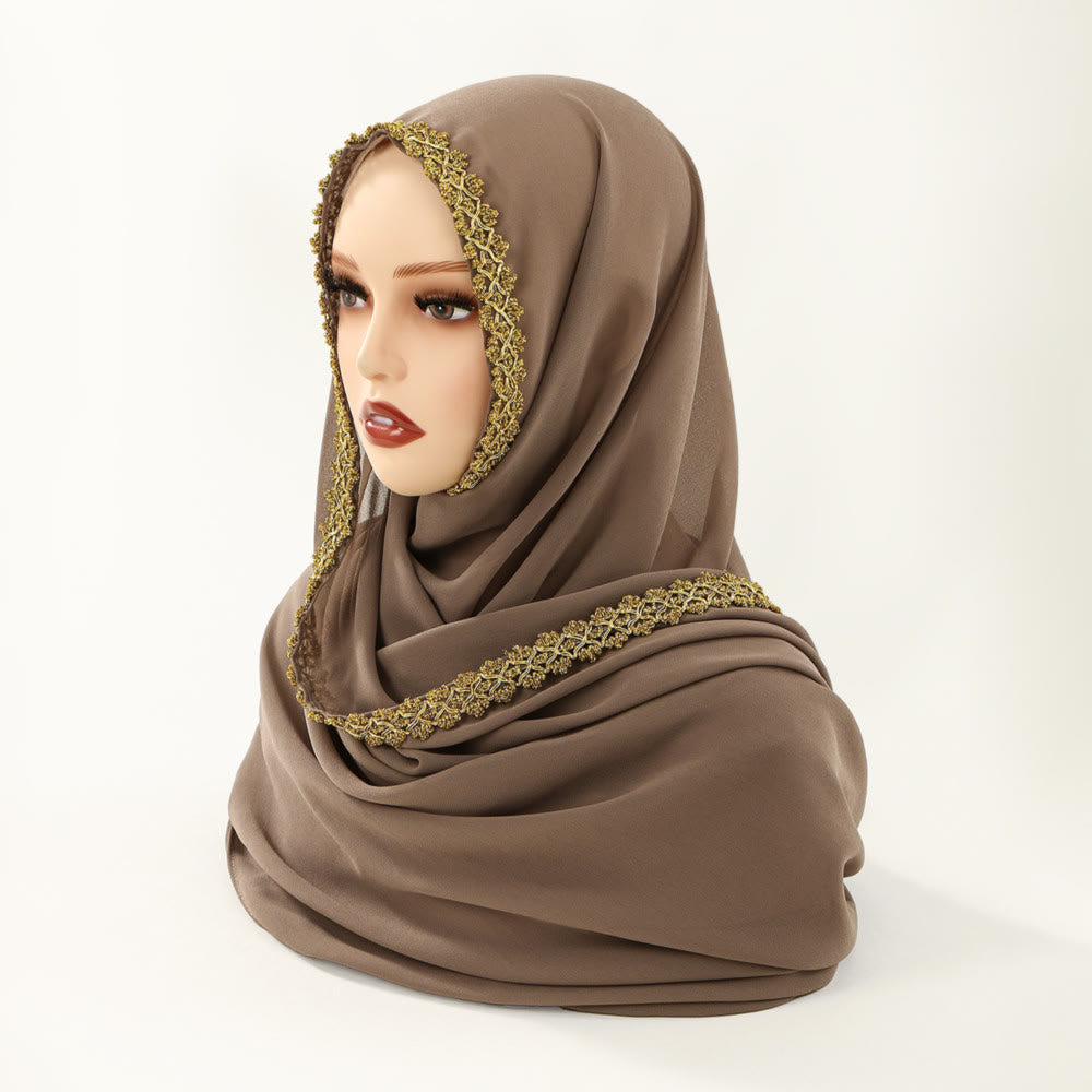 HilalHaven Golden Trim Solid Chiffon Embellished Hijab - image 2