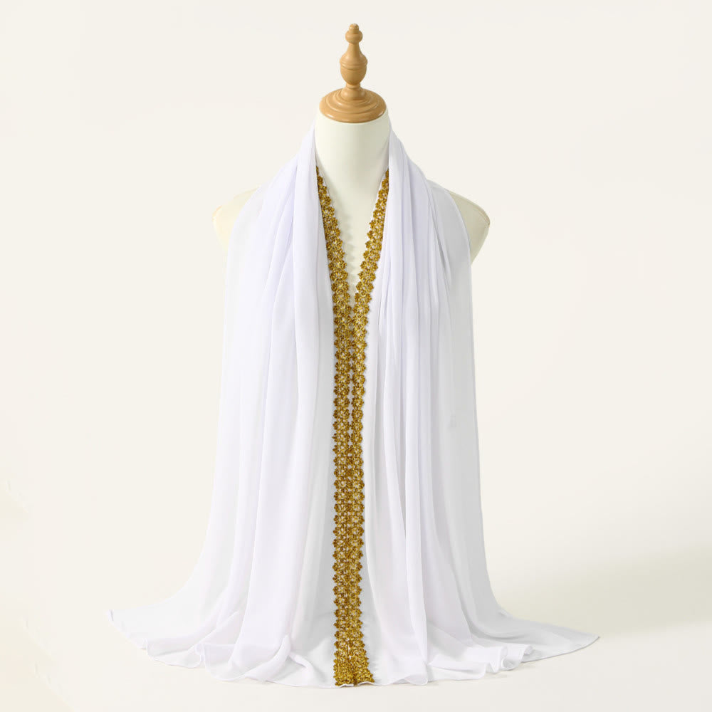 HilalHaven Golden Trim Solid Chiffon Embellished Hijab - White - image 7