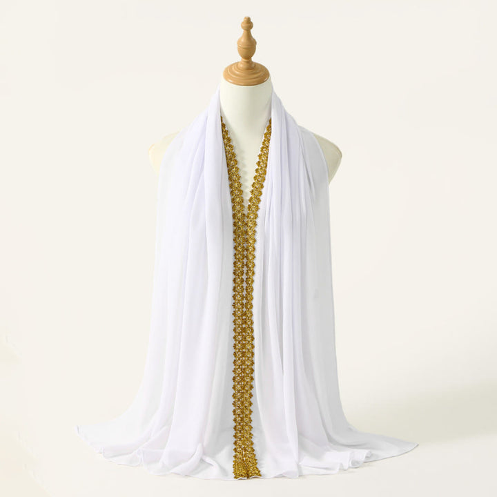 HilalHaven Golden Trim Solid Chiffon Embellished Hijab - White - image 7