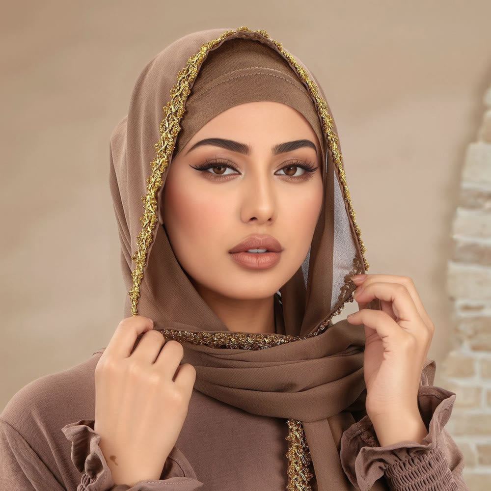 HilalHaven Golden Trim Solid Chiffon Embellished Hijab - image 0
