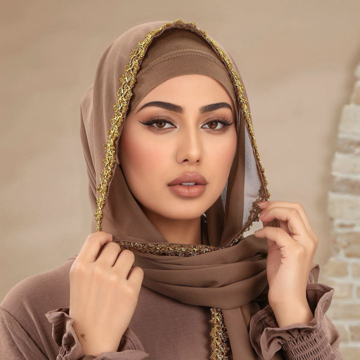 HilalHaven Golden Trim Solid Chiffon Embellished Hijab - image 0