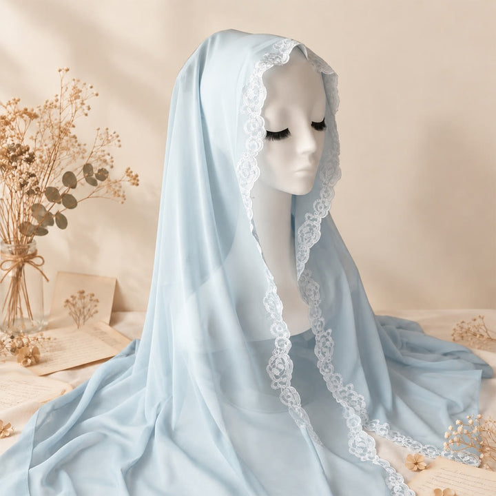 HilalHaven Lace Veil Solid Chiffon Long Hijab - Light Blue - image 0