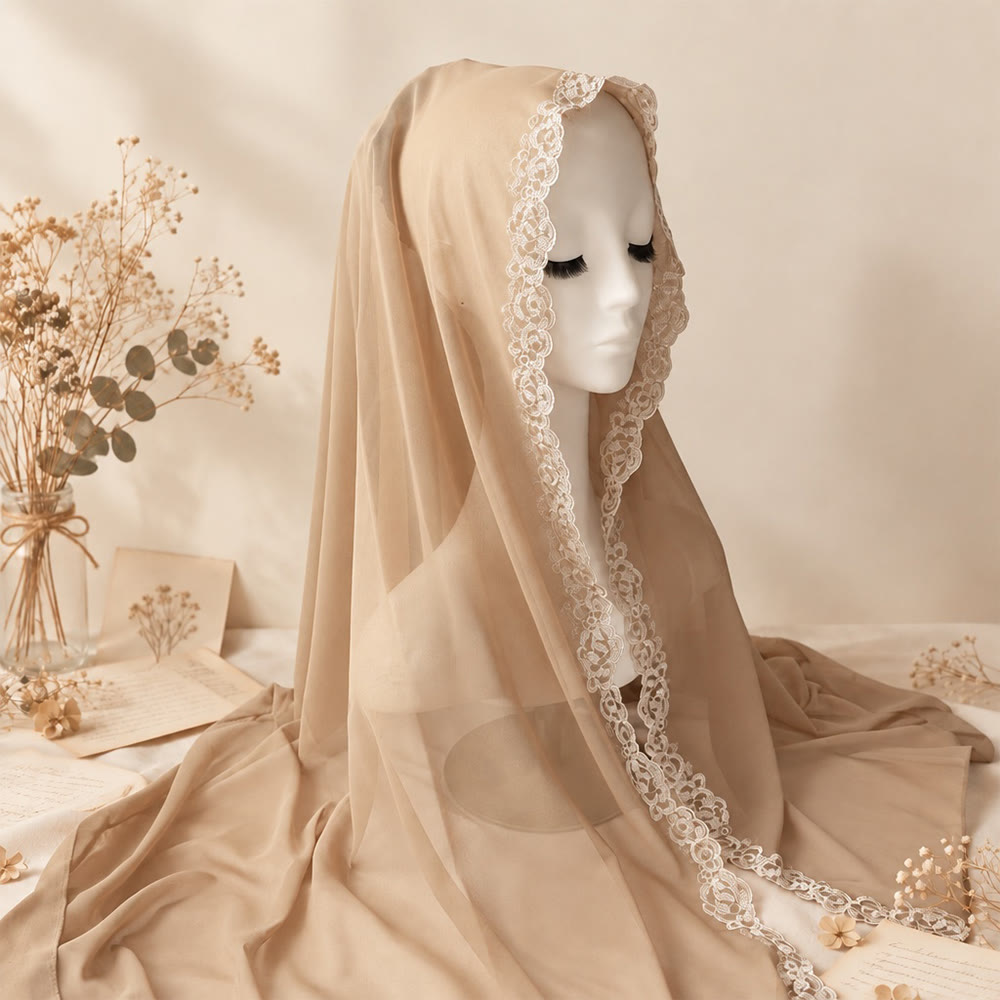 HilalHaven Lace Veil Solid Chiffon Long Hijab - Khaki - image 6