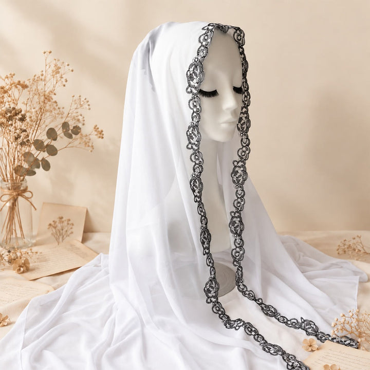 HilalHaven Lace Veil Solid Chiffon Long Hijab - White - image 4