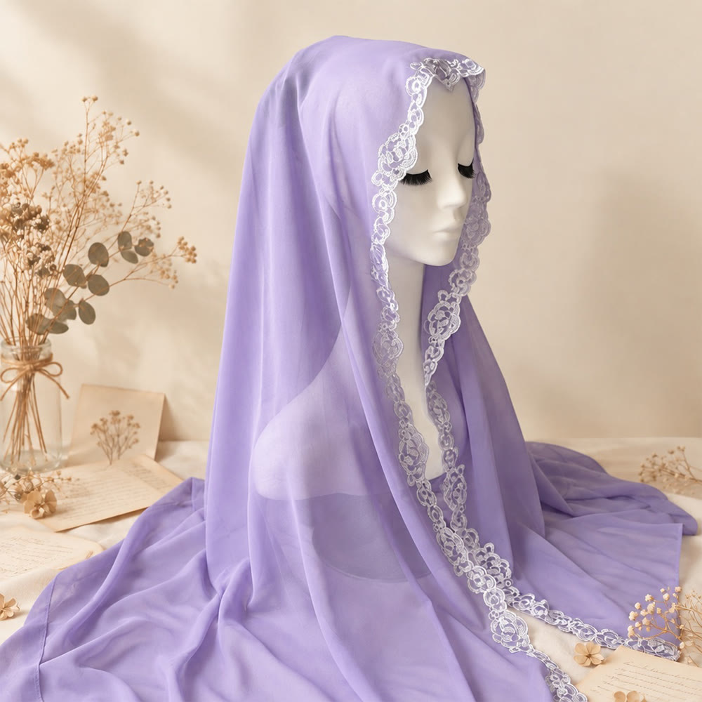 HilalHaven Lace Veil Solid Chiffon Long Hijab - Lavender - image 19
