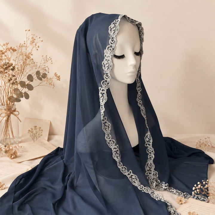 HilalHaven Lace Veil Solid Chiffon Long Hijab - Navy - image 13