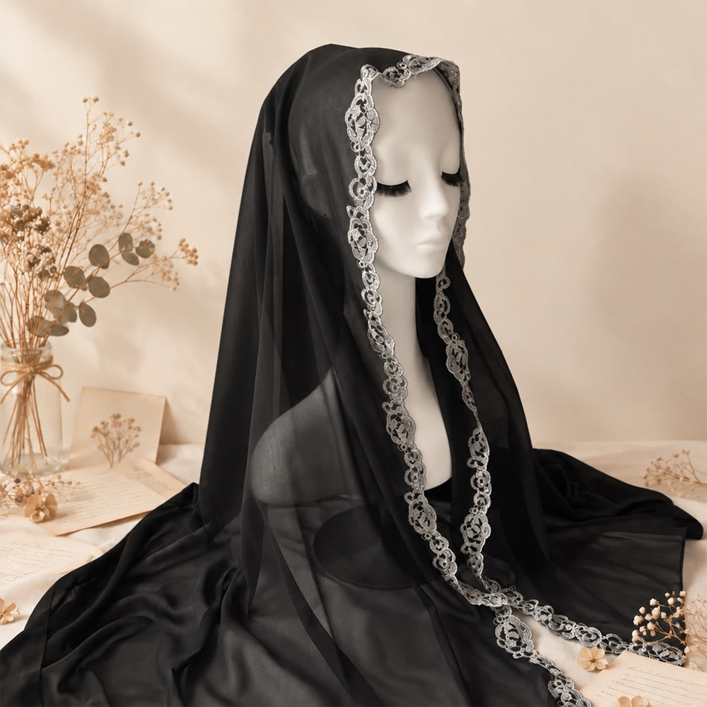 HilalHaven Lace Veil Solid Chiffon Long Hijab - Black - image 15