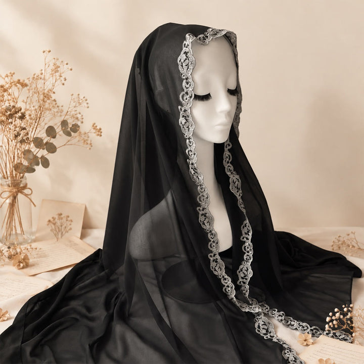 HilalHaven Lace Veil Solid Chiffon Long Hijab - Black - image 15