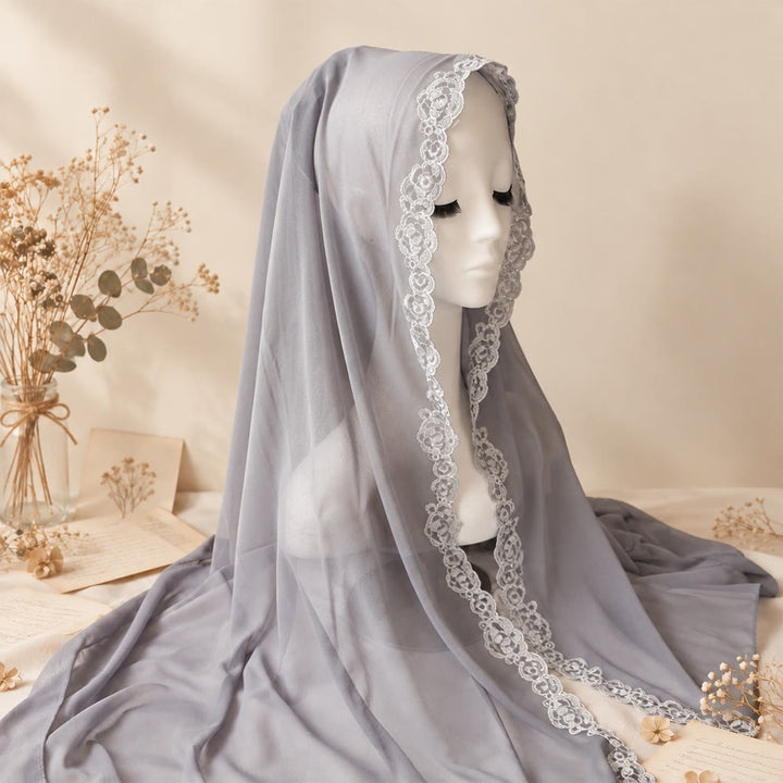 HilalHaven Lace Veil Solid Chiffon Long Hijab - Light Grey - image 8