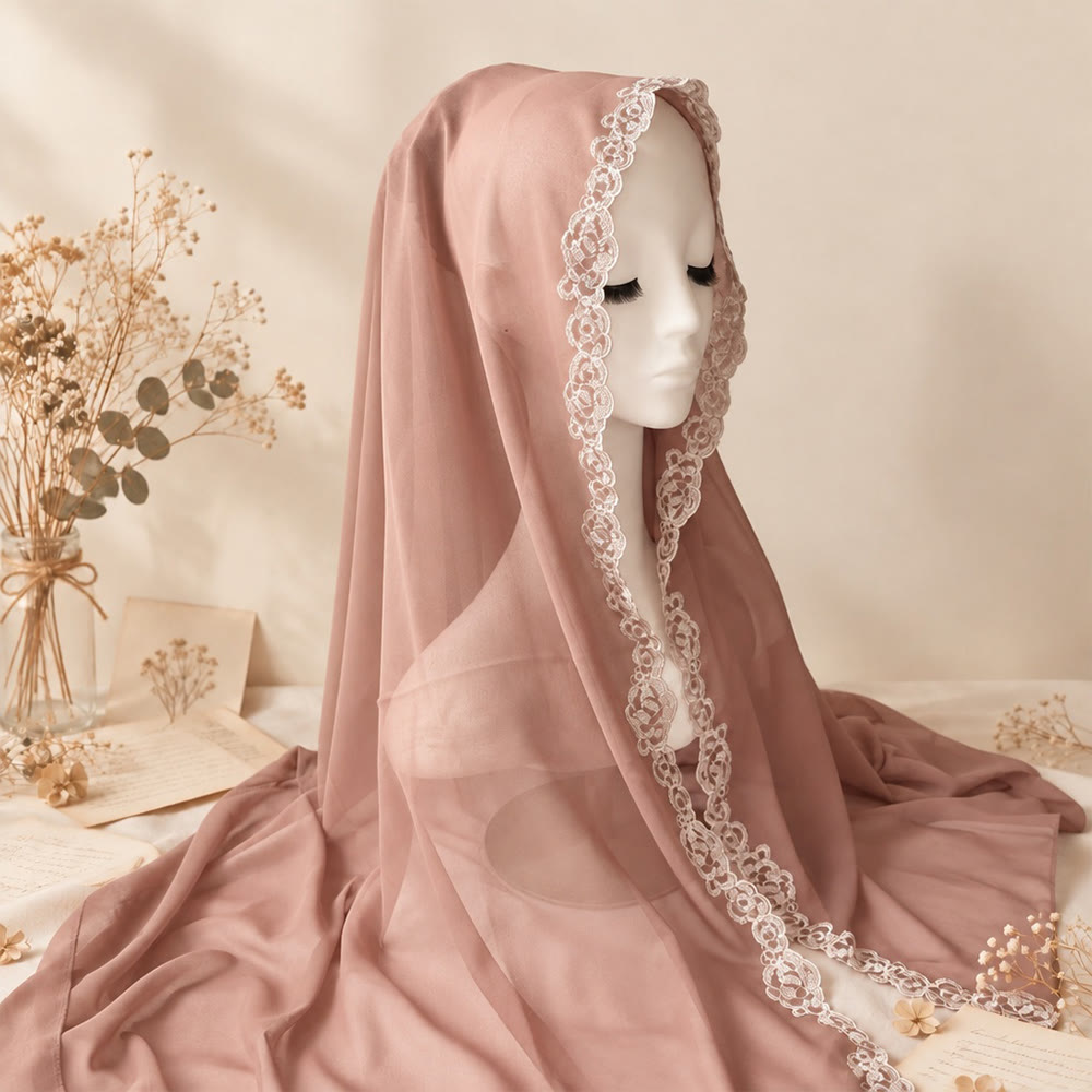 HilalHaven Lace Veil Solid Chiffon Long Hijab - Dusty Rose - image 2