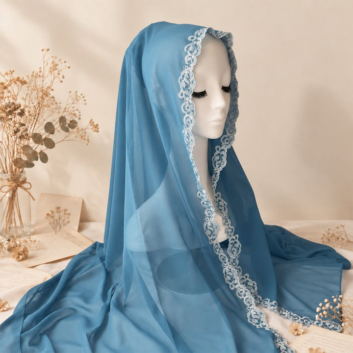 HilalHaven Lace Veil Solid Chiffon Long Hijab - Teal - image 17