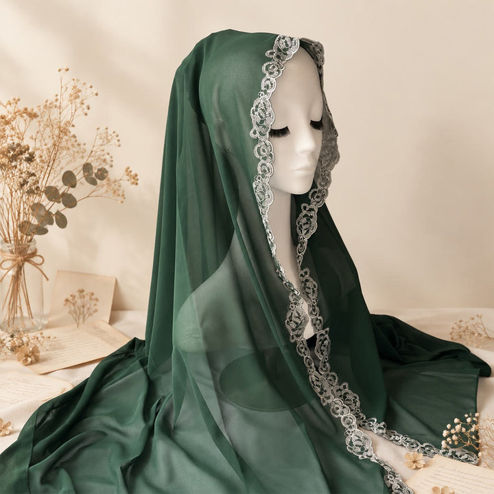 HilalHaven Lace Veil Solid Chiffon Long Hijab - Dark Green - image 23