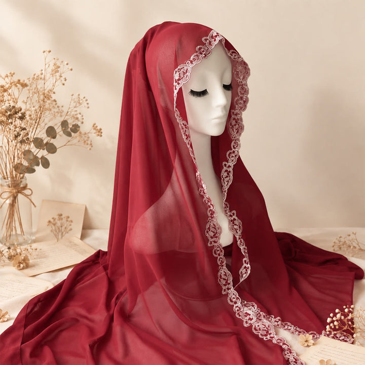 HilalHaven Lace Veil Solid Chiffon Long Hijab - Burgundy - image 21