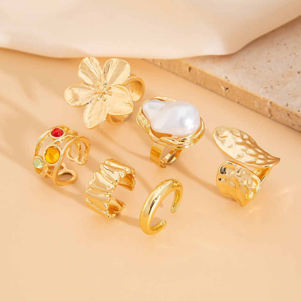 HilalHaven Retro Floral Textured Stackable Open Rings 6Pcs Set - image 1
