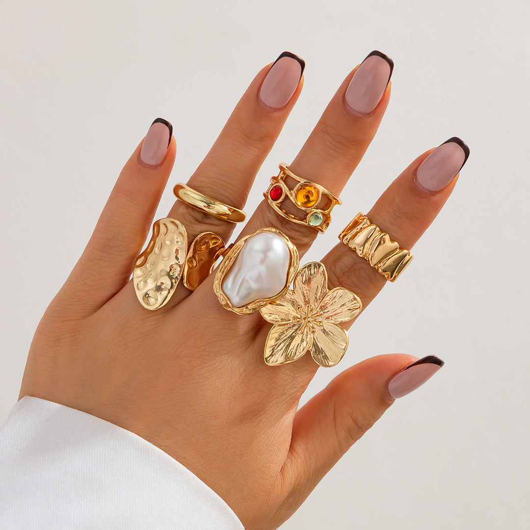 HilalHaven Retro Floral Textured Stackable Open Rings 6Pcs Set - image 0