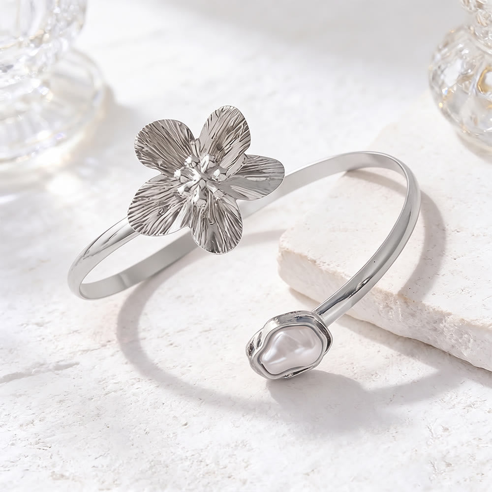 HilalHaven Petal Glow Textured Floral Baroque Pearl Open Cuff - image 4