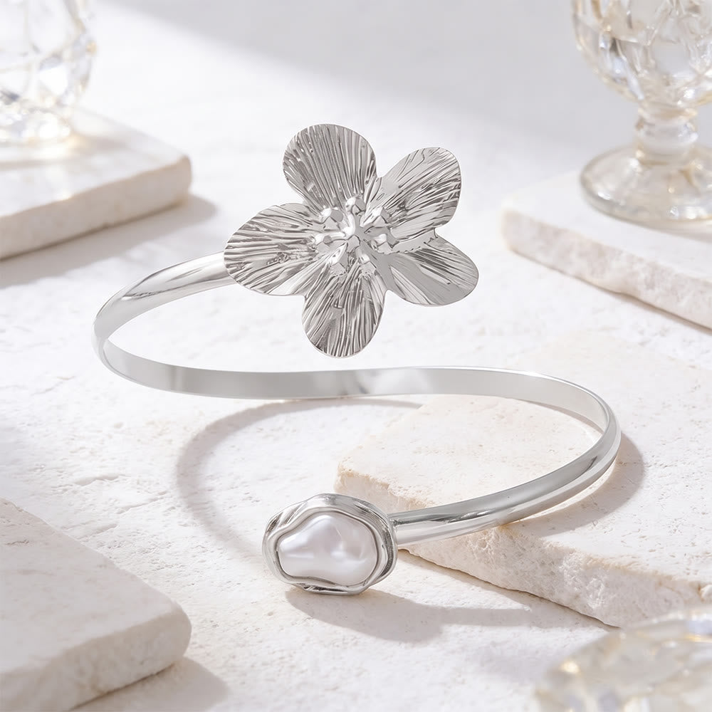 HilalHaven Petal Glow Textured Floral Baroque Pearl Open Cuff - Silver - image 3