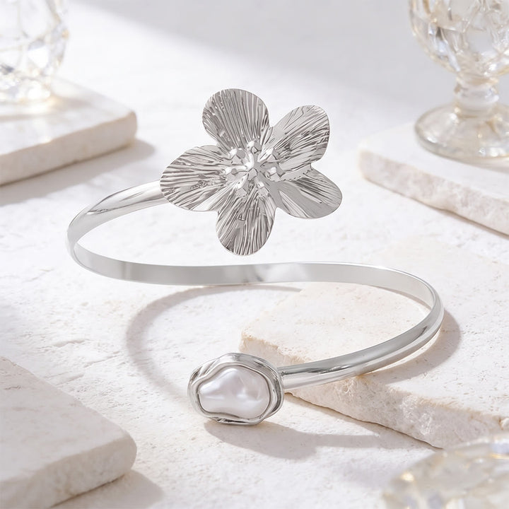 HilalHaven Petal Glow Textured Floral Baroque Pearl Open Cuff - Silver - image 3