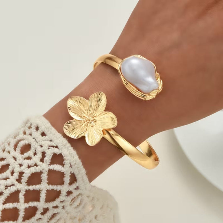 HilalHaven Petal Glow Textured Floral Baroque Pearl Open Cuff - image 0