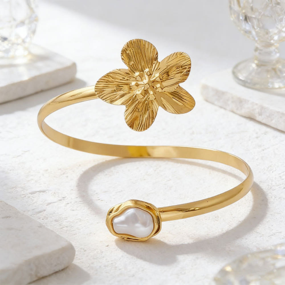 HilalHaven Petal Glow Textured Floral Baroque Pearl Open Cuff - Golden - image 1