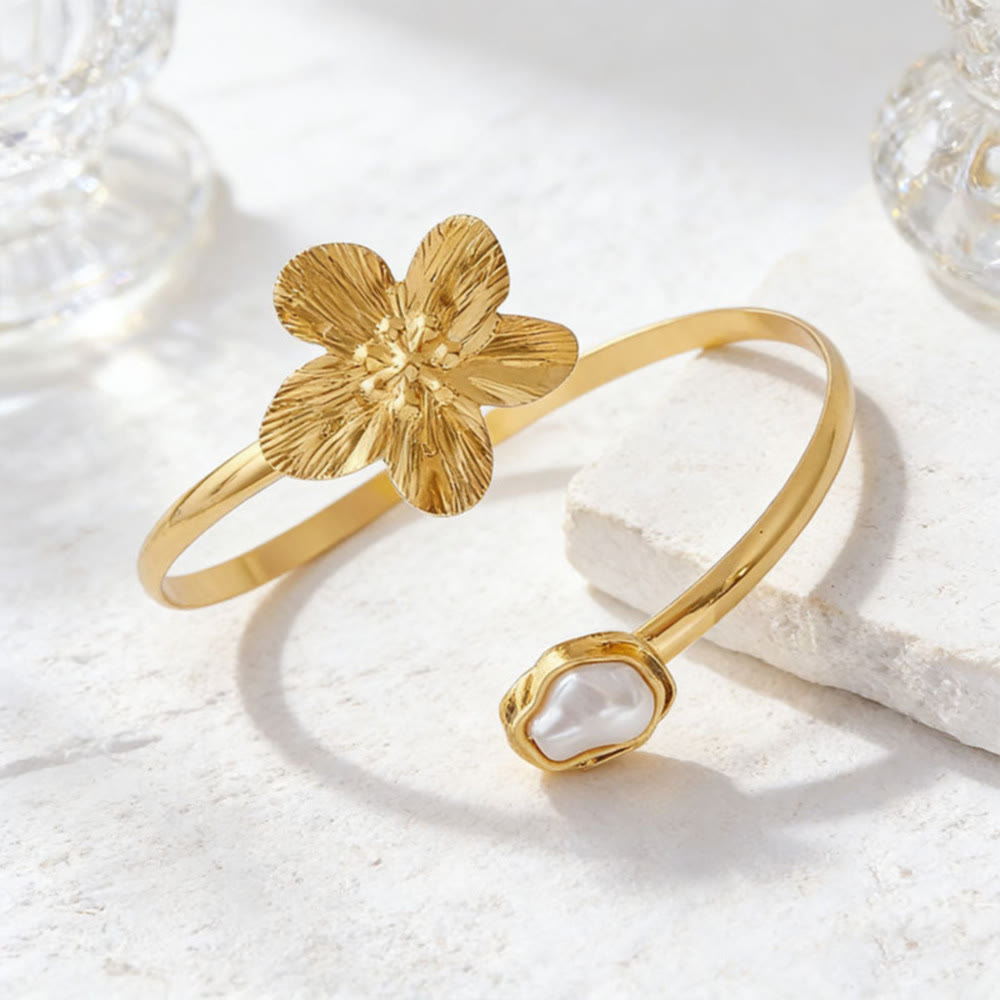 HilalHaven Petal Glow Textured Floral Baroque Pearl Open Cuff - image 2