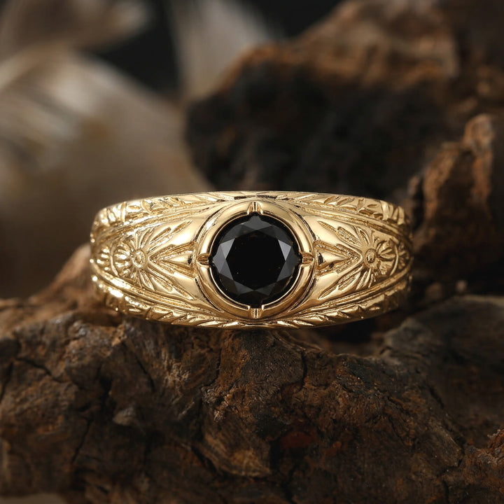 HilalHaven Onyx Bloom Engraved Vintage Black Zircon Unisex Copper Ring - US 10 - image 1