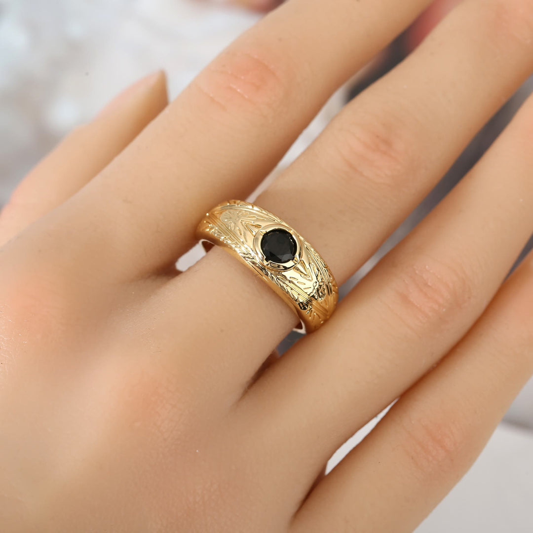 HilalHaven Onyx Bloom Engraved Vintage Black Zircon Unisex Copper Ring - image 2