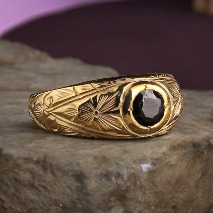 HilalHaven Onyx Bloom Engraved Vintage Black Zircon Unisex Copper Ring - image 0