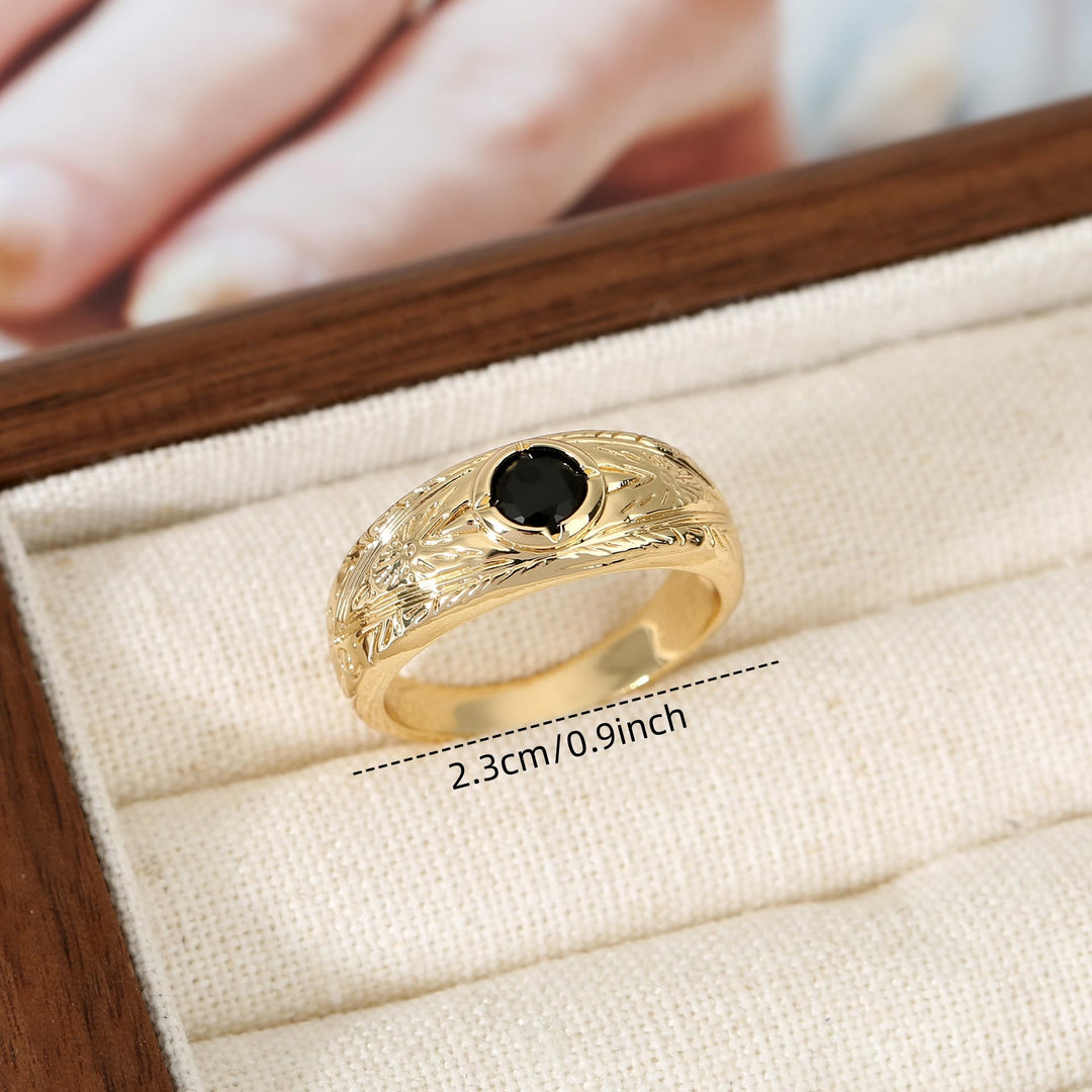 HilalHaven Onyx Bloom Engraved Vintage Black Zircon Unisex Copper Ring - image 3