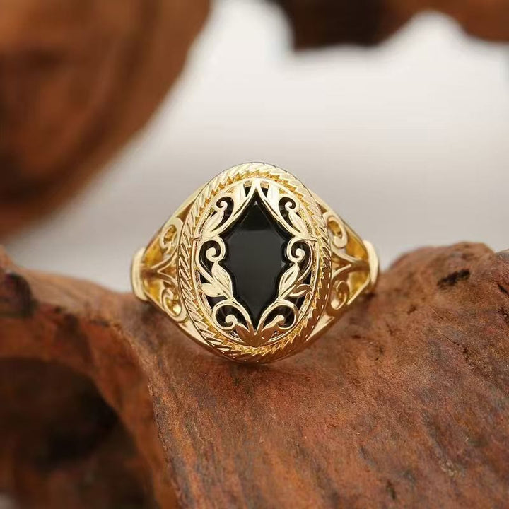 HilalHaven Shadow Vine Filigree Scroll Black Stone Vintage Alloy Ring - US 12 - image 2