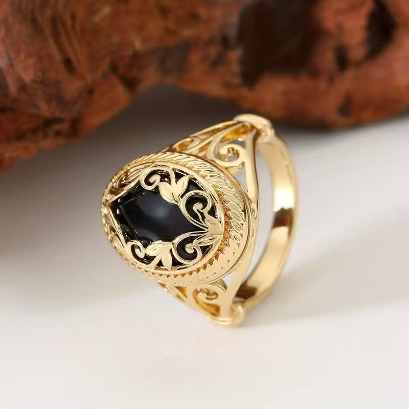 HilalHaven Shadow Vine Filigree Scroll Black Stone Vintage Alloy Ring - image 1