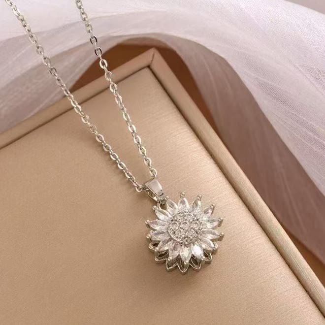 HilalHaven Sunflower Glow Rotatable Zircon Titanium Steel Necklace - image 4