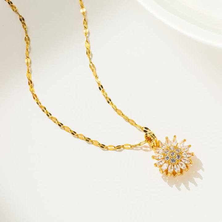 HilalHaven Sunflower Glow Rotatable Zircon Titanium Steel Necklace - Golden - image 1